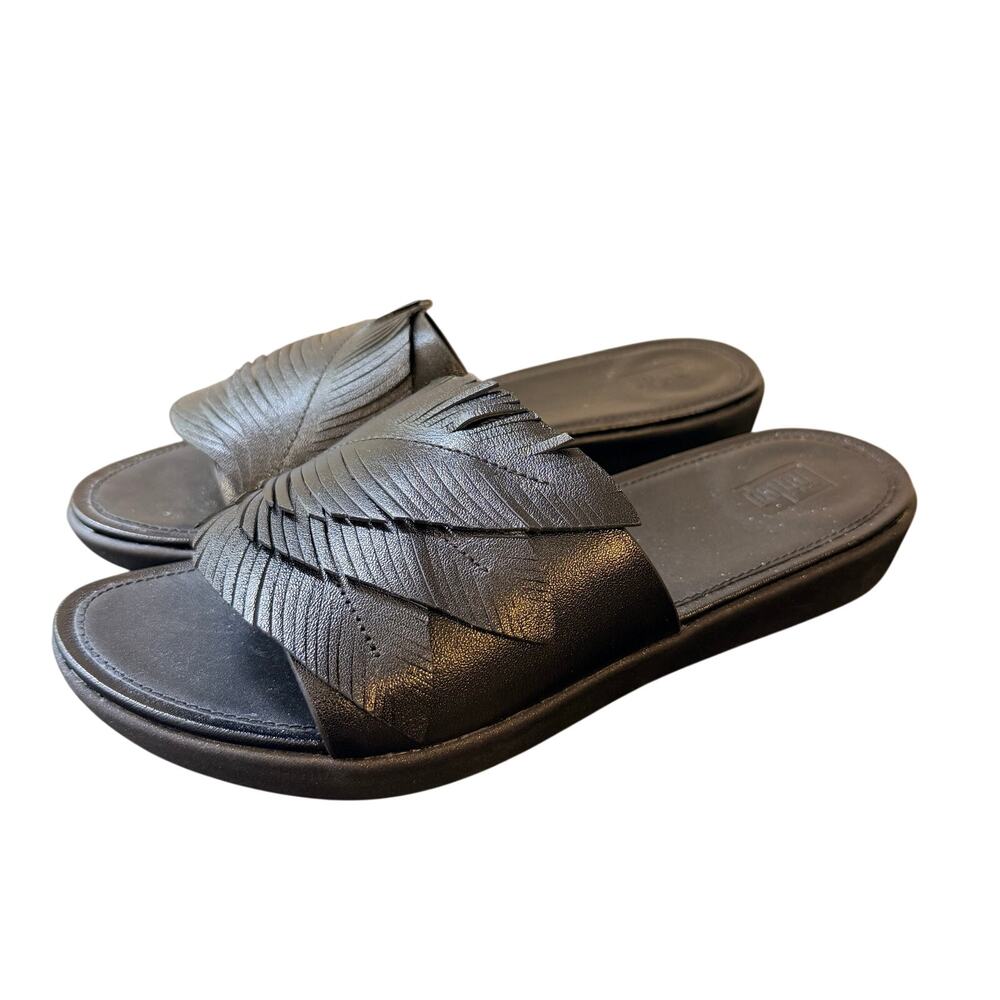 FitFlop Women's Slip On Sandals Sola Feather Leather Slides Size 6